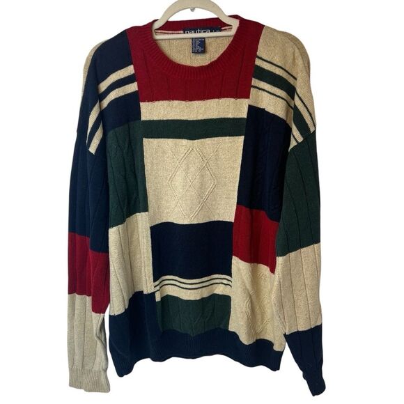 Nautica Men’s Cable-Knit Color Block Sweater Vintage Size L